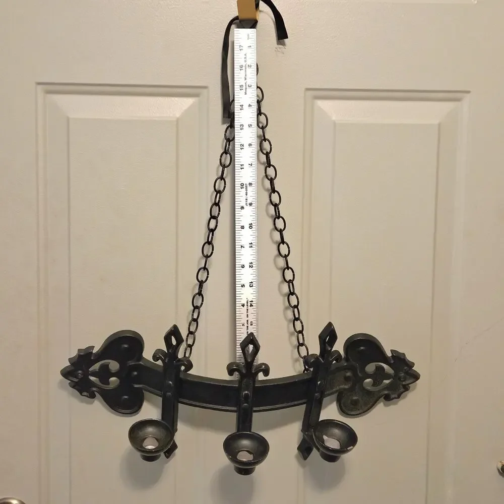 Gothic Wall Sconce 1960s 3 Candle Holders Chains Heavy Black Cast Metal